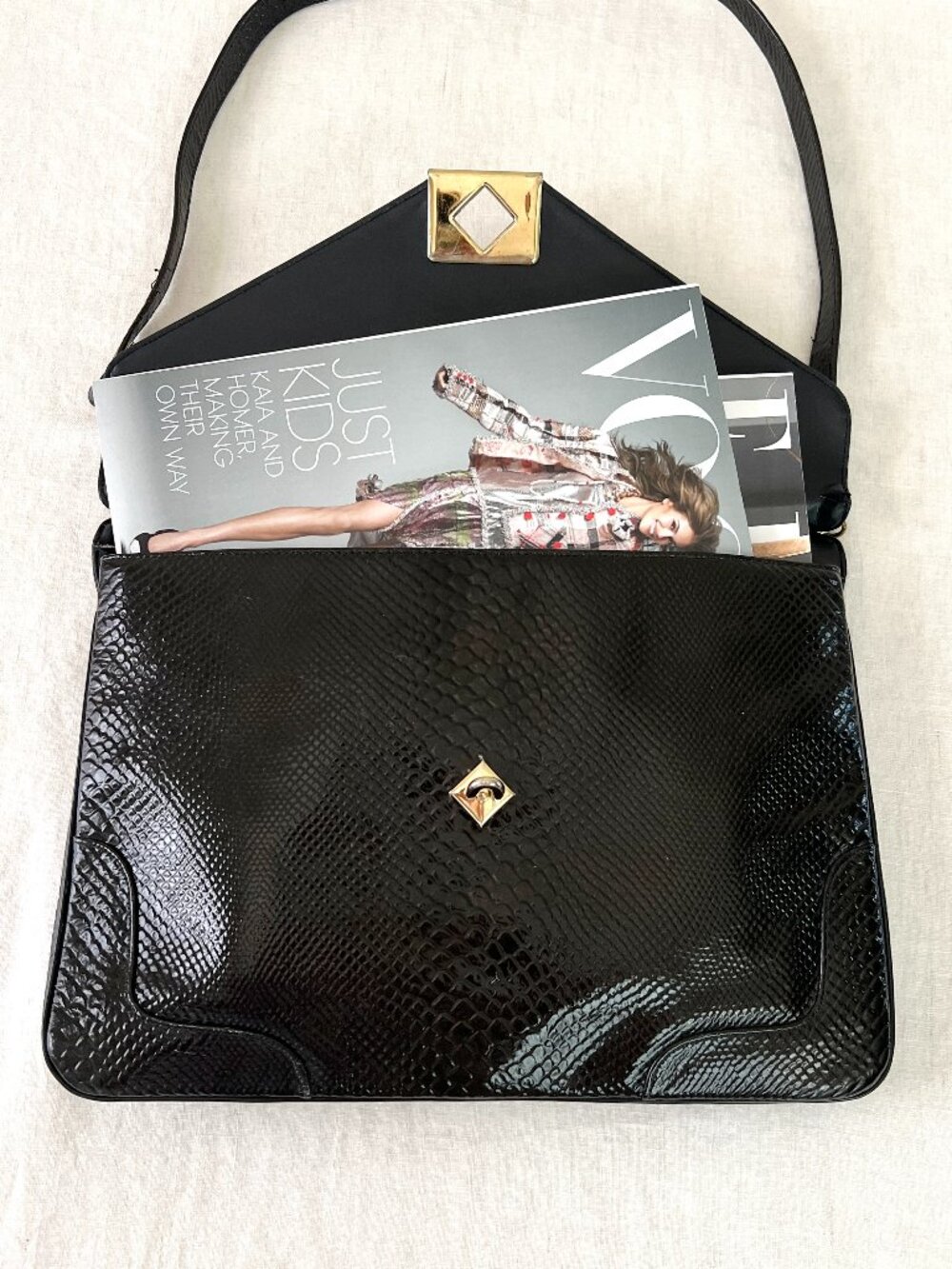 VTG 80s Chic de Paris Snakeskin Leather Black Envelope Briefcase Shoulder Bag